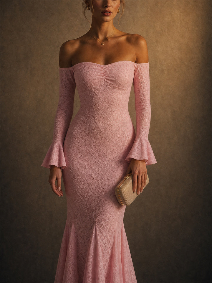 Womens Lace Off Shoulder Mermaid Bell Sleeve Maxi Dress
