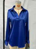 Women's Elegant Blue Solid Color V Neck Pullover Lapel Long Sleeve Blouses