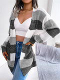 Women's Contrast Color Striped Long Sleeve Open Front Knit Cardigan Sweaters