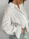 F‌rench Style White Striped Jacquard Loose Fit Button-up Blouses for Women‌