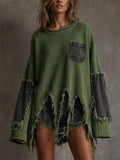 Womens Oversized Distressed Ribbed Knit Denim Patch Sweater