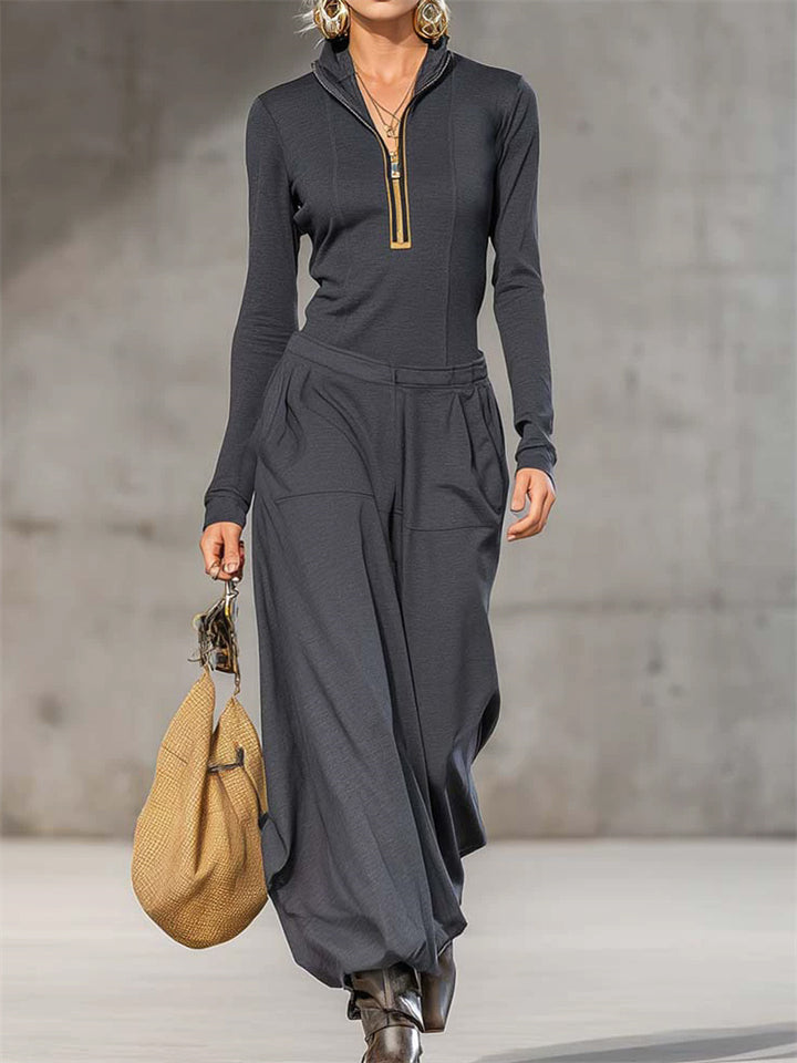 Women's Trendy Autumn Zipper Stand Collar Top & Pockets Wide Leg Pants Outfit
