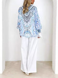 Women's Printed Pullover V-neck Lantern Sleeve Blouse