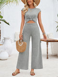 Stylish Hem Knot Design Round Neck Cap Sleeve Jumpsuit for Lady