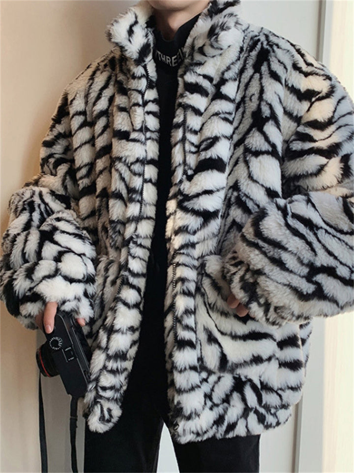 Men's Retro Winter Tiger Print Cardigan Faux Fur Coat