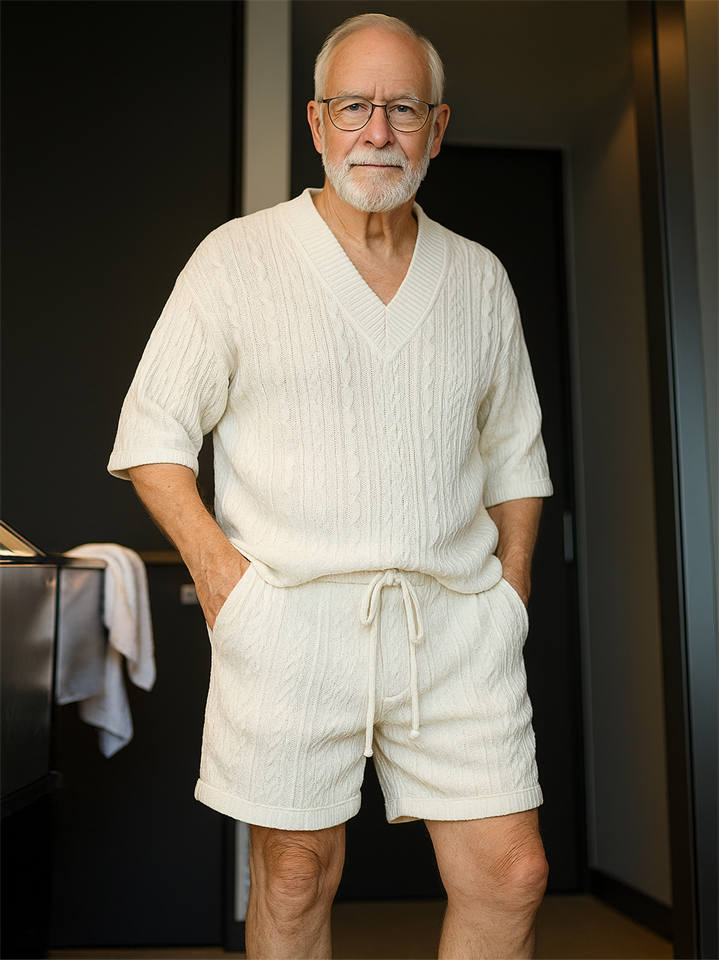 Men's Cozy Solid Color Knitting Shirt & Shorts Set