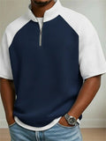 Mens Short Sleeve Quarter Zip Color Block Waffle Textured Knit Top