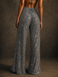 Women Simple Sequin Wide Leg Pants High Waist Party Trousers