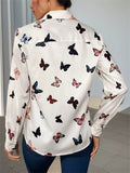 Women's Retro Butterfly Print Lapel Long Sleeve Blouses