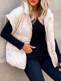 Women's Casual Solid Color Zip Up Pockets Stand Collar Sleeveless Vest Padded Coats