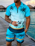 Men's 2 Piece Summer Holiday Style Print Quarter Zip Polo Shirt Shorts Outfits