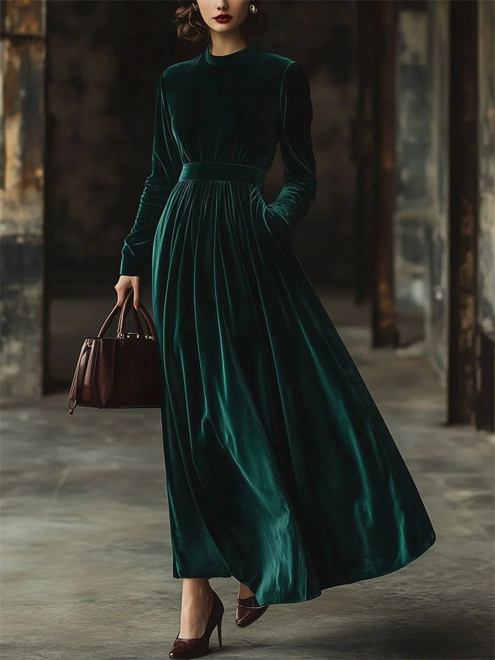 ‌Autumn Green Velvet Round Neck High Waist Long Dress for Women