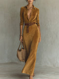‌Women's Vintage Sexy Buttons Lapel Velvet Dress‌ with Belt