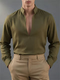 Men's Stand Collar V Neck Linen Blend Slim Fit Casual Shirt