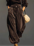 Women's Autumn Chic Coffee Velvet Hooded Top and Wide Leg Cuffed Pants Set