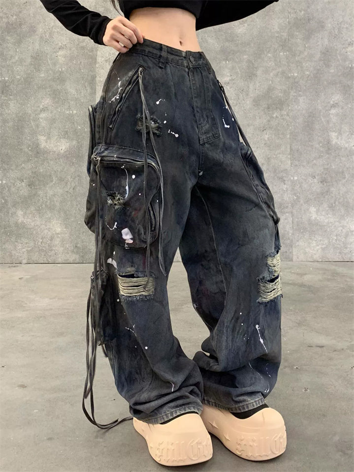 Women's Streetwear Distressed Ripped Cargo Denim Pants with Pockets