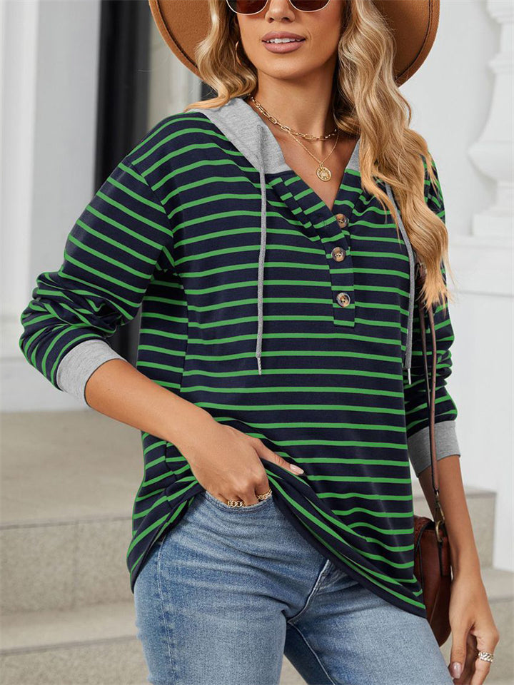 Women's Casual Autumn Contrast Color Striped Long Sleeve Hoodie