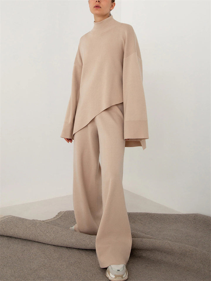 Women's Trendy Semi High Neck Solid Color Asymmetric Hem Sweater Outfit