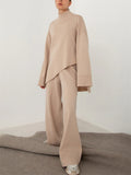 Women's Trendy Semi High Neck Solid Color Asymmetric Hem Sweater Outfit