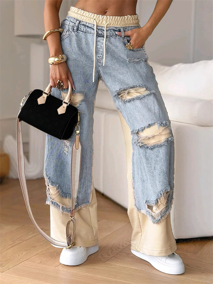 Women's Street Style Ripped Denim Patchwork Pants