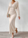 Women's Elegant Solid Color V Neck Long Sleeve Maxi Dress