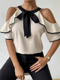 Beige Bowknot Cold Shoulder Ruffle Sleeve Blouses for Women