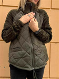 Women's Solid Color Rhombic Texture Patchwork High Neck Cardigan Coats