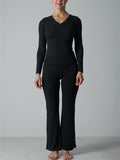 Women's 2 Piece Lounge V Neck Long Sleeve Top and Flare Yoga Pants Set