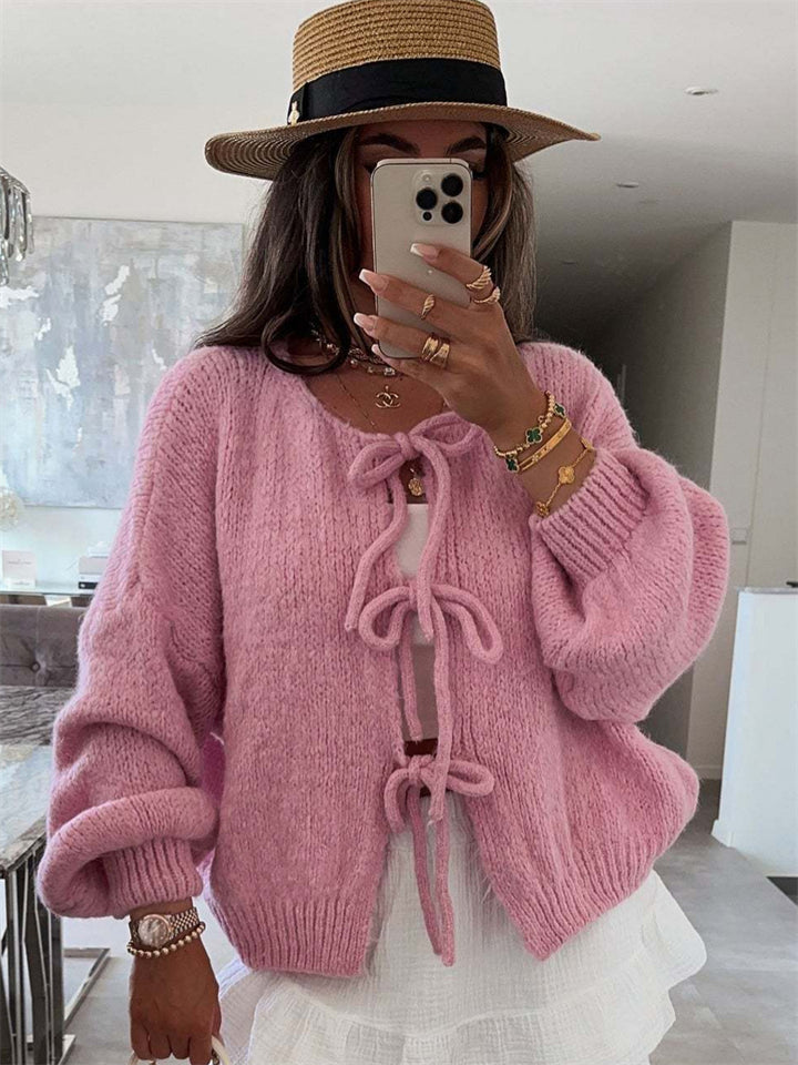 Women's Solid Color Round Neck Lace Up Cardigan Sweater