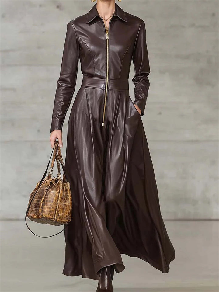 Women's Elegant  Faux Leather High Waist Zip Up Long Dresses