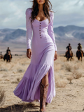 ‌Sexy Boho Chic Long Sleeve Button Front Maxi Dress for Women‌