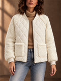Women Fleece Quilted Jacket Zip Up Bomber Coat with Pockets