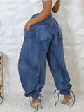 Women's Drawstring High Waist Baggy Tie Hem Joggers Denim Cargo Pants