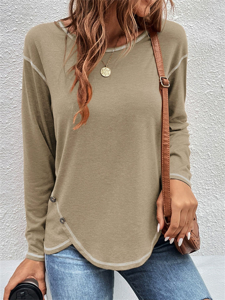 Women's Contrast Trim Round Neck Long Sleeve Asymmetric Hem Shirts