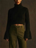 Women Fuzzy Turtleneck Wide Bell Sleeve Crop Sweater