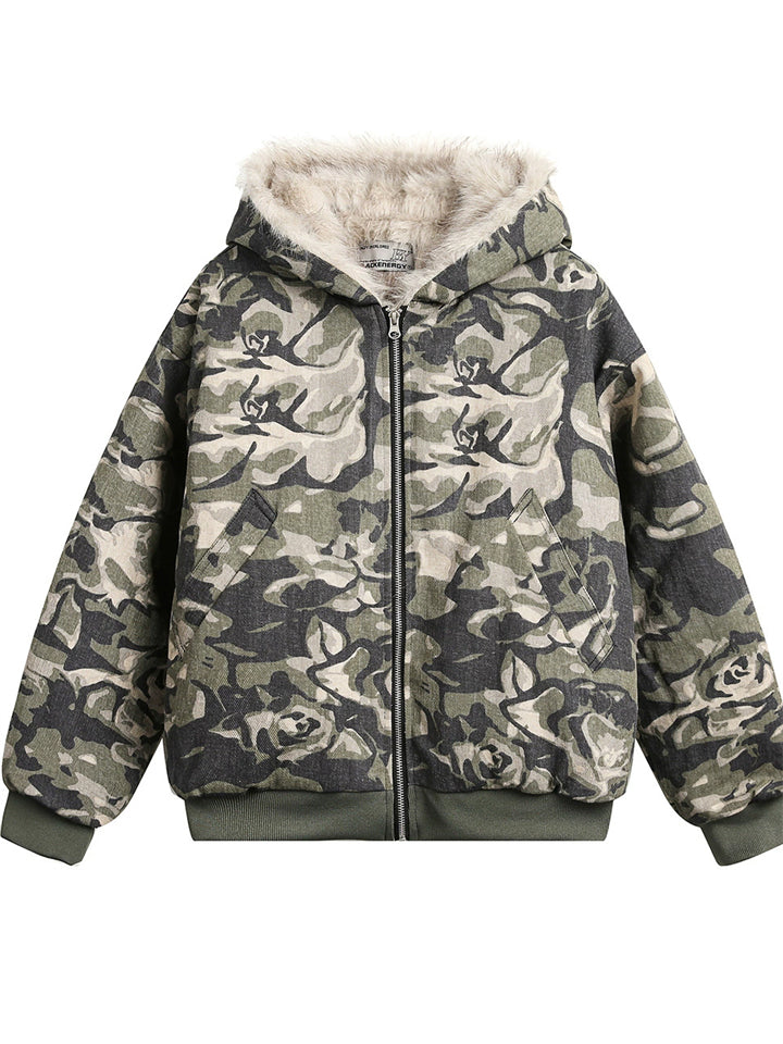 ‌Men's Winter Warm Camouflage Hoodie Parka Coat with Faux Fur Collar‌