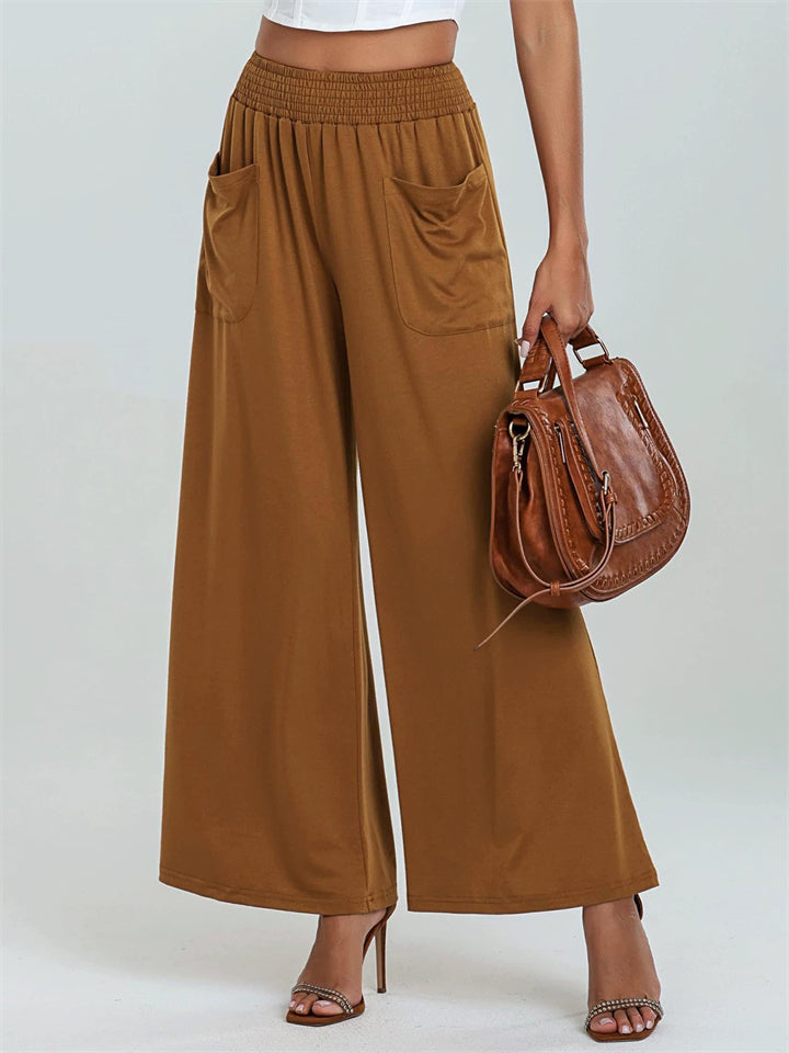 Women's Pockets Elastic Hight Waist Wide Leg Pants
