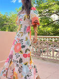 Women's Flower Printed Square Neck Lantern Sleeve Dresses