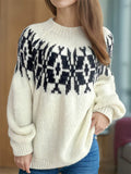 Women's Retro Jacquard Contrast Color Round Neck Long Sleeve Sweater
