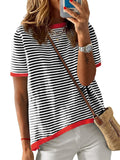 Stripe Contrast Color Short Sleeve Knitted Tops for Women