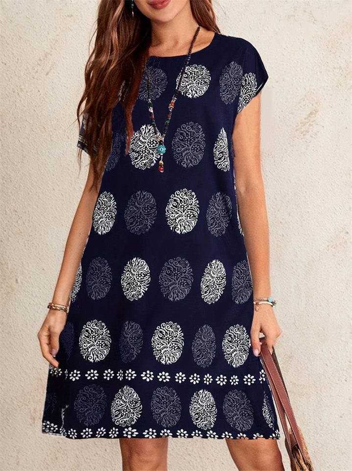 Women's Summer Blue Print Short Sleeve Knee Length Dress