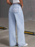 ‌Women's Light Blue Cherry Embroidered Denim Pants High-Waist Loose Fit