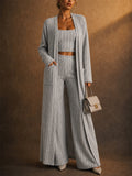 Women 3 Piece Lounge Set Ribbed Cardigan Crop Top Wide Pants