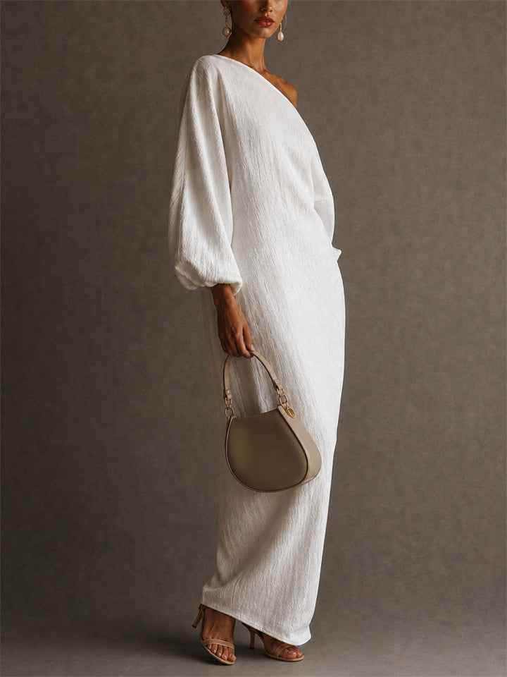 Women's Chic Elegant One Shoulder Maxi Dress with Bubble Sleeve