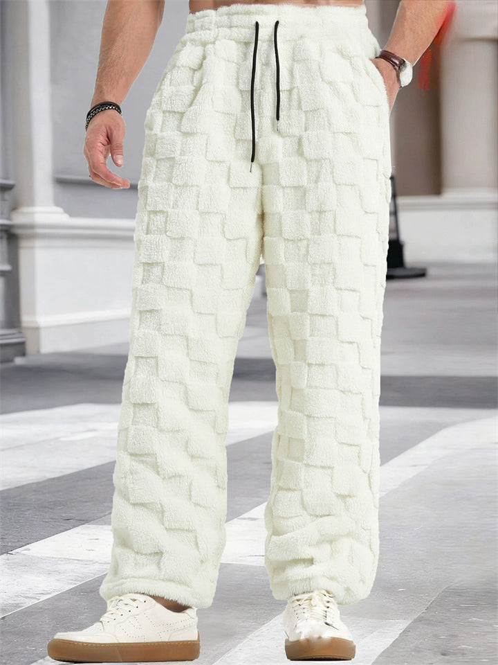 Men's Loose Fit Plaid Fleece Warm Winter Straight Leg Trousers