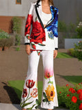 Fashion V-Neck Flower Print  Jacket & Pants Women's Suits