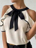 Beige Bowknot Cold Shoulder Ruffle Sleeve Blouses for Women