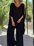 Women's 2Pcs Solid Color Shoulder Cut Lace Up Sleeve Shirt &Pants Set