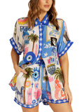Women's 2pcs Casual Cartoon Print Short Sleeve Shirt & Pants Set