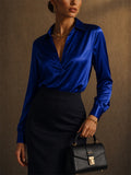 Women Elegant Royal Blue V Neck Silky Long Sleeve Satin Blouses